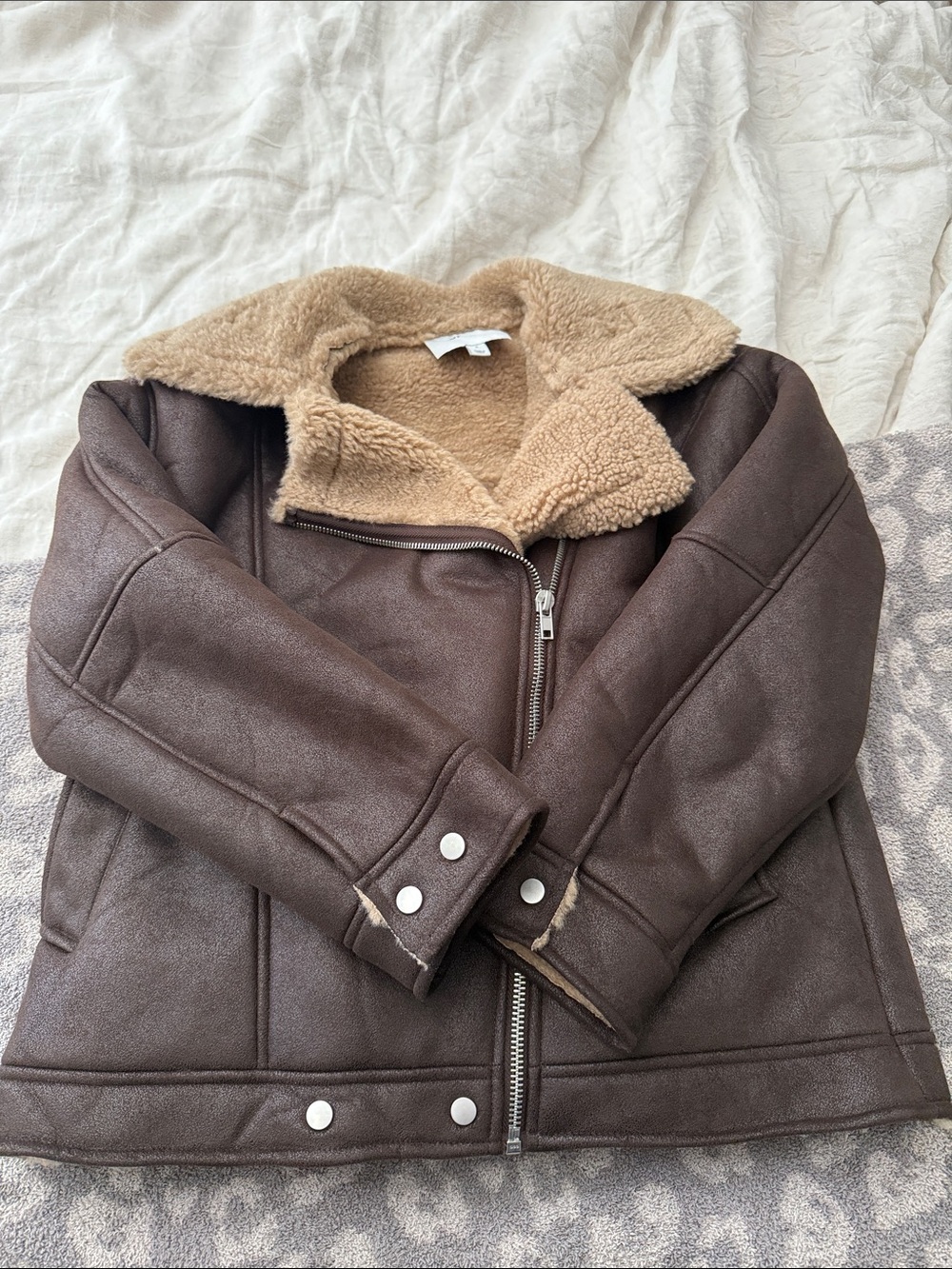 Topshop Brown Faux Shearling Moto Jacket with Tan Collar